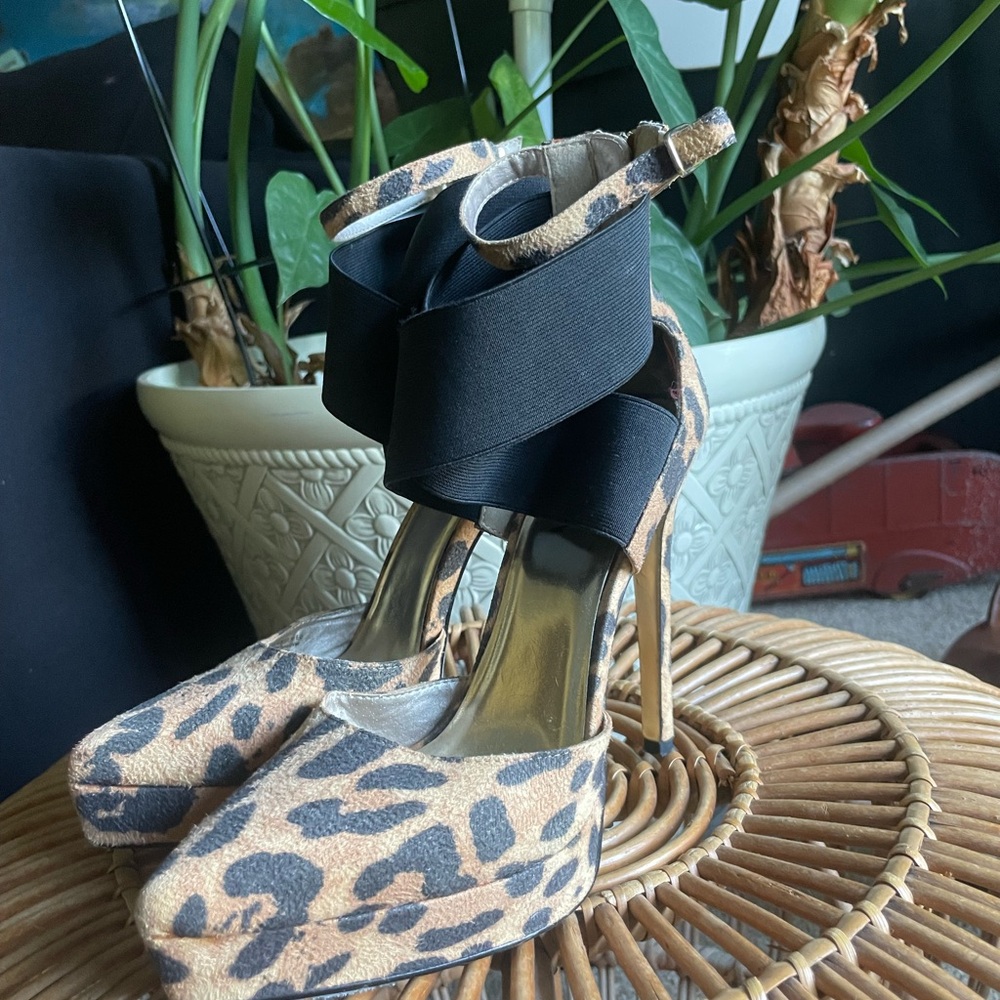 Leopard Print Heels with Black Ankle Wrap